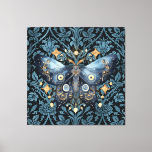 Mystical Watercolor Blue and Gold Night Moth Leinwanddruck