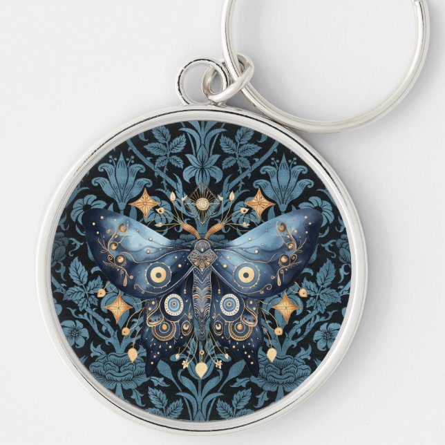 Mystical Watercolor Blue and Gold Night Moth Schlüsselanhänger (Vorne)