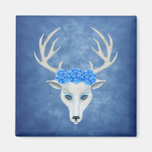 Mystical White Hirsch Head Big Antlers Blue Rose Magnet