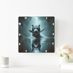 Mystical White Tiger Forest Timepiece Quadratische Wanduhr