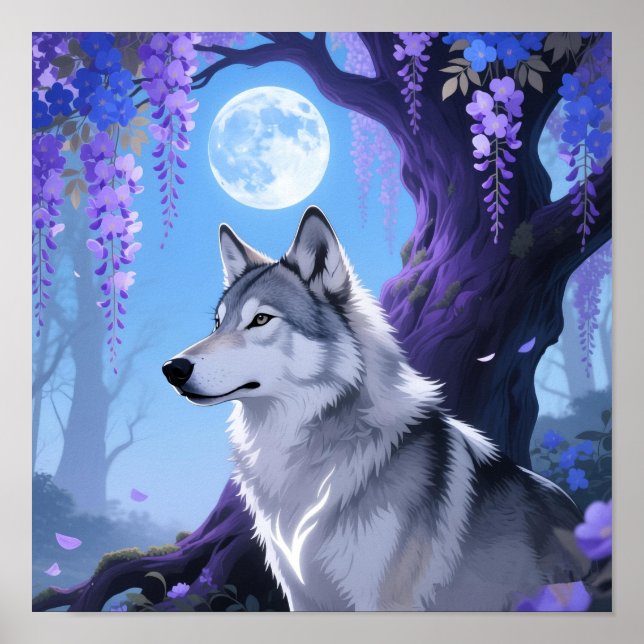 Mystical Wolf and Wisteria Moon Fantasy Art Print Poster (Vorne)