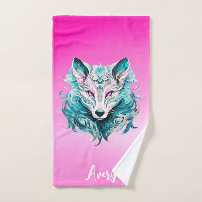 Mystical Wolf | Elegant Türkis & Pink Wolf Badhandtuch Set (Handtuch)