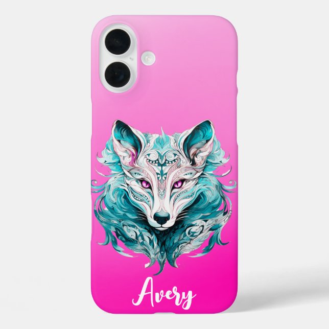 Mystical Wolf | Elegant Türkis & Pink Wolf iPhone 16 Plus Hülle (Rückseite)