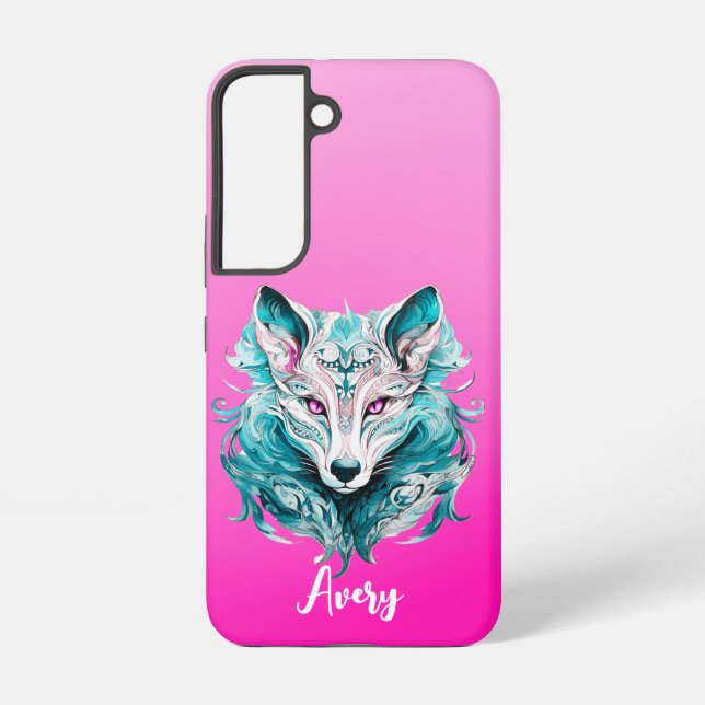 Mystical Wolf | Elegant Türkis & Pink Wolf Samsung Galaxy Hülle (Rückseite)