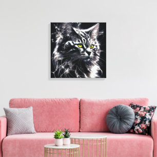Mystik in Schwarz und Silber - Mystische Katze Leinwanddruck