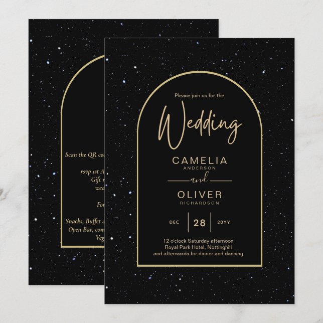 Mystique BLACK GOLD Starry Night Wedding Einladung (Vorne/Hinten)