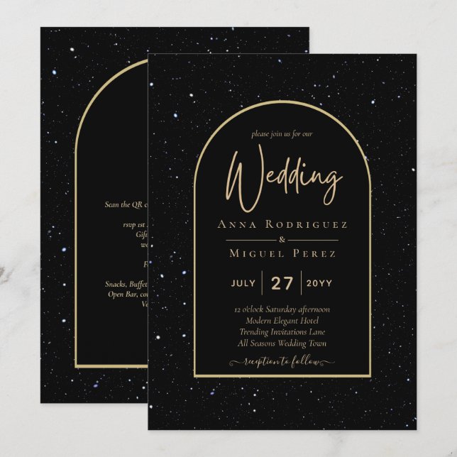 Mystique BLACK GOLD Starry Night Wedding Einladung (Vorne/Hinten)