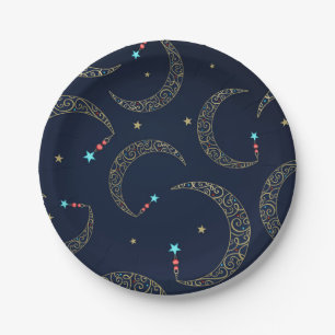 Mystisch Blau & Gold-Filigran-Mond Himmels-Party Pappteller