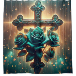 "Mystisch blaue Rose und Kreuz" Duschvorhang