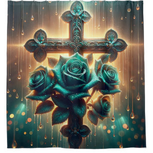 "Mystisch blaue Rose und Kreuz" Duschvorhang