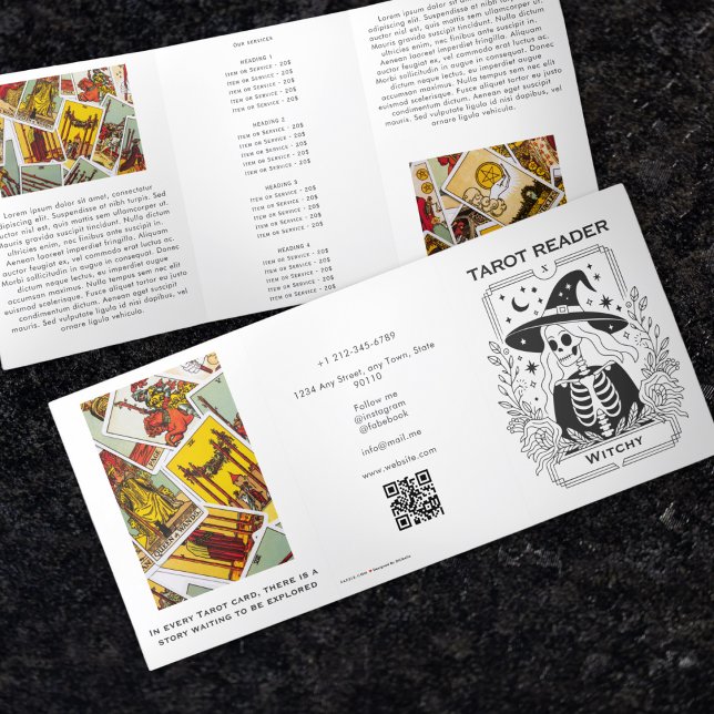 Mystisch-gotische Schwarz-Weiß-Tarot-Design Dreifach Gefaltete Karte (Mystical Gothic Black And White Witch Tarot Design Tri-Fold Card)