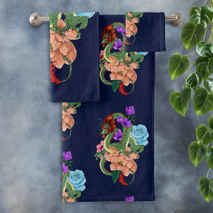 Mystisch grüner chinesischer Drache, floral, marin Badhandtuch Set