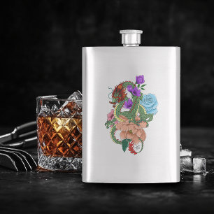 Mystisch grüner chinesischer Drache, floral, marin Flachmann