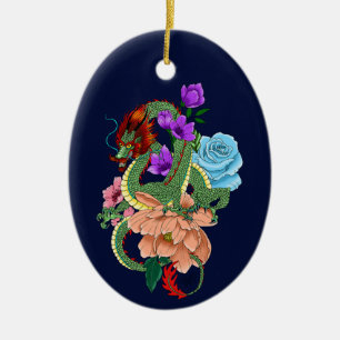Mystisch grüner chinesischer Drache, floral, marin Keramik Ornament