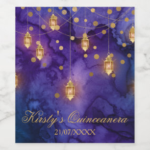 Mystisch lila blaue Laternen Bokeh Quinceanera Weinetikett