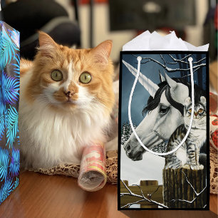 Mystisch Weiß Graue Fantasy Einhorn Katze Winter Kleine Geschenktüte