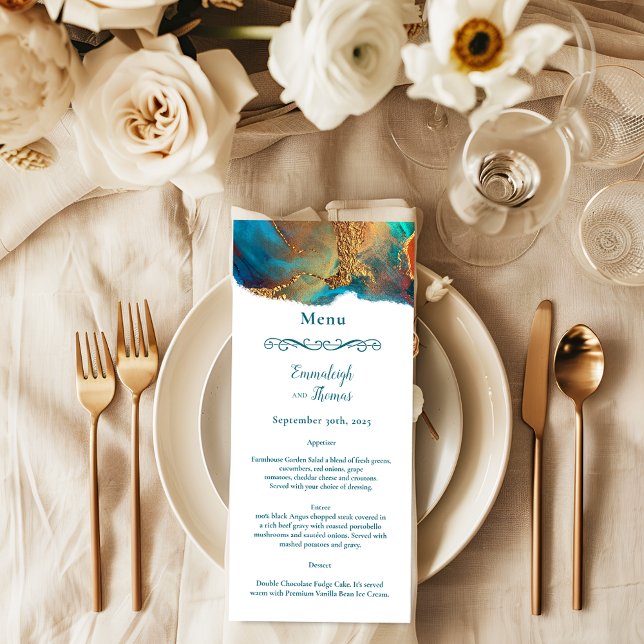 Mystische Abstrakte Aquamarine Korallenhochzeit Menükarte (Von Creator hochgeladen)