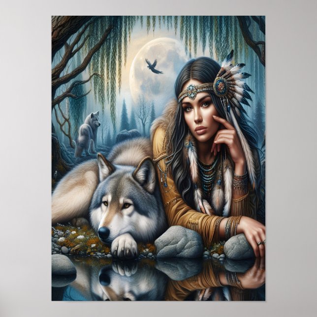 Mystische amerikanische Frau mit 12x16 Wölfen Poster (Vorne)