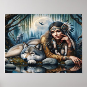 Mystische amerikanische Frau mit Wölfen 16x12 Poster