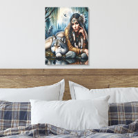 Mystische amerikanische Frau mit Wölfen 18x24