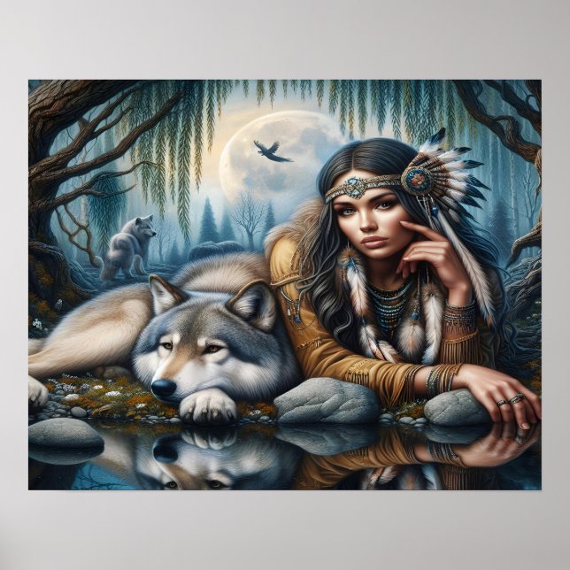 Mystische amerikanische Frau mit Wölfen 20x16 Poster (Vorne)