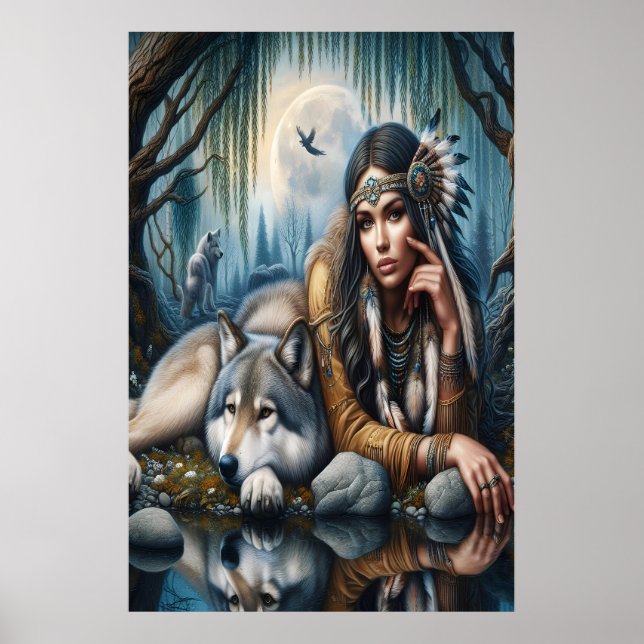 Mystische amerikanische Frau mit Wölfen 24x36 Poster (Vorne)