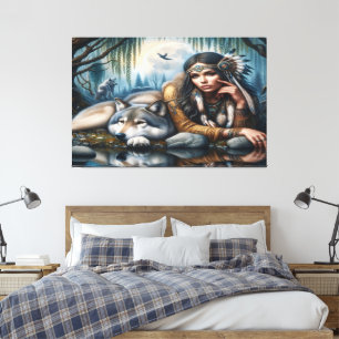 Mystische amerikanische Frau mit Wölfen 36x24 Leinwanddruck