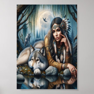 Mystische amerikanische Frau mit Wölfen 7x5 Poster
