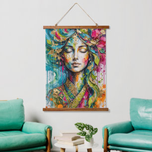 Mystische Aquarell-Göttin Goldblatt  Wandteppich Mit Holzrahmen