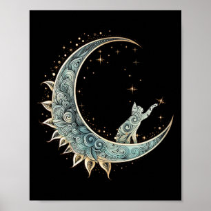 Mystische ästhetische Katze auf dem Halbmond Lu Poster