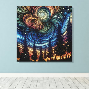Mystische ätherische Kunst mit Bäumen und Nachthim Leinwanddruck