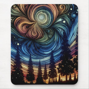 Mystische ätherische Kunst mit Bäumen und Nachthim Mousepad