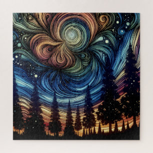 Mystische ätherische Kunst mit Bäumen und nächtlic