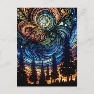Mystische ätherische Kunst mit Bäumen und nächtlic Postkarte