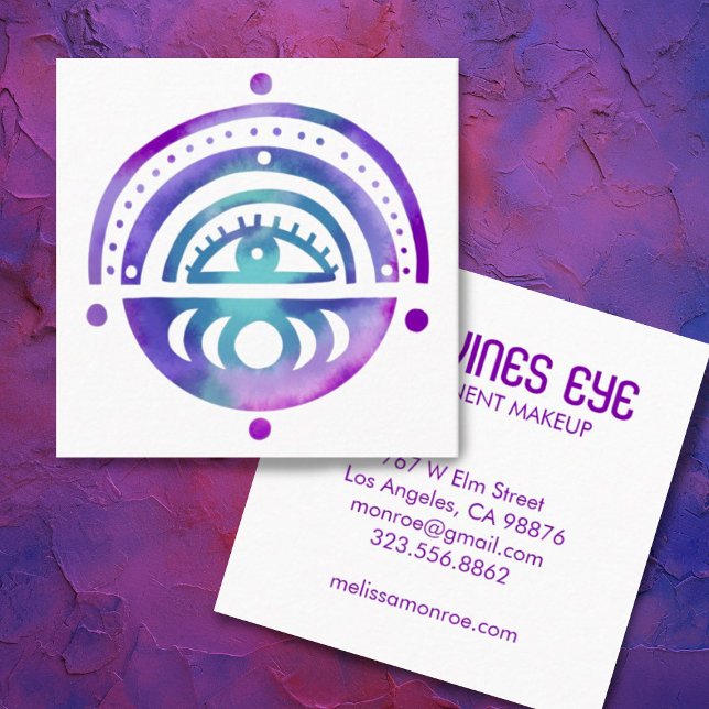 Mystische Augenmonde Magischer Boho Lila Wasserfar Quadratische Visitenkarte (Colorful boho watercolor custom business card with eye and moon design)
