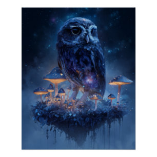 Mystische Blaue Eule mit leuchtenden Pilzen Poster