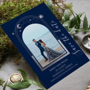 Mystische blaue silberne himmlische Hochzeit Save The Date