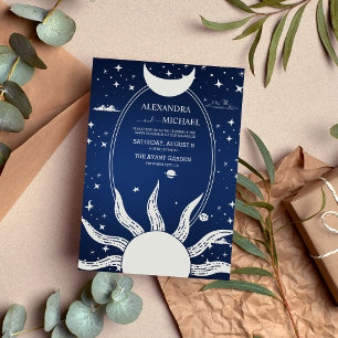Mystische Blaue und Silberne Sonnenmond-Hochzeit Einladung