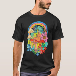Mystische Blumenpilze Mädchen Mit Katze Regenbogen T-Shirt