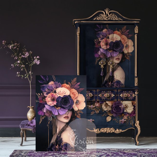 Mystische Blüten, Moody Portrait & Floral Seidenpapier (Adorned Woman, Moody Portrait and Dark Floral, Decoupage Tissue Paper.)