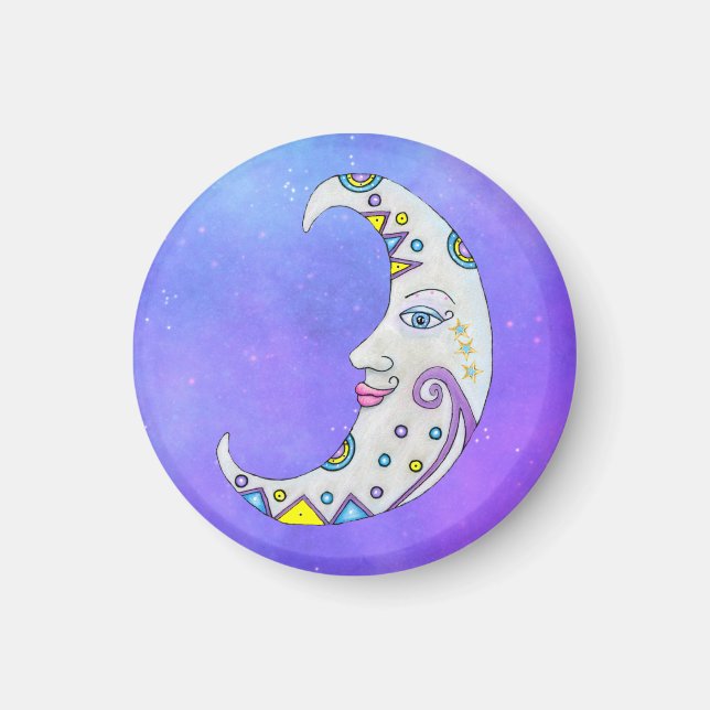 Mystische Crescent dekorierte Moon-Gesicht Lila Sk Magnet (Vorne)