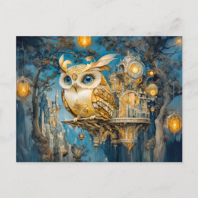 Mystische Eule im Baum Burg Postkarte (Vorderseite)