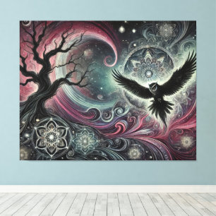 Mystische Eule Kosmische Nacht Mandalas Wirbelnder Leinwanddruck