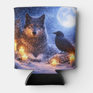 Mystische Eule Wolf Rabe Kerzen Winter Schnee Dosenkühler