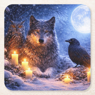 Mystische Eule Wolf Rabe Kerzen Winter Schnee Rechteckiger Pappuntersetzer