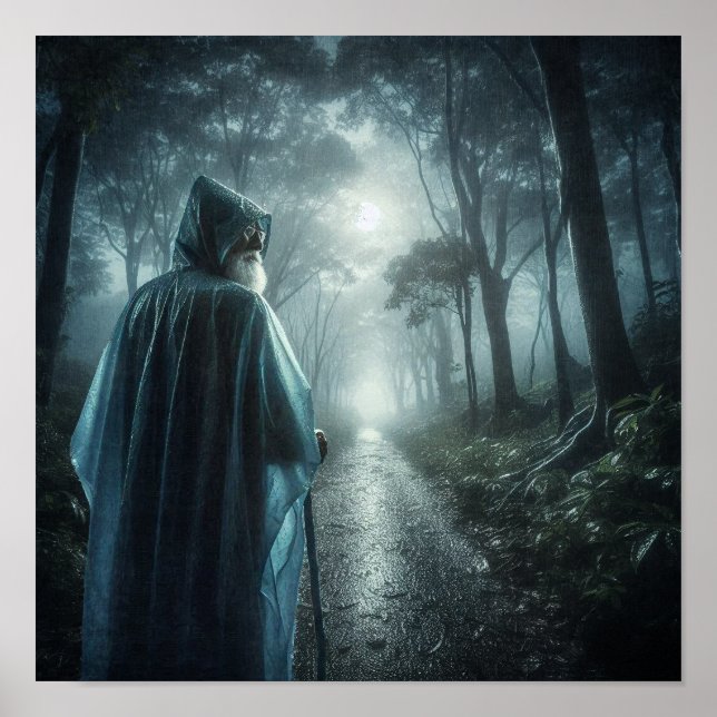 Mystische Figur im nebligen Wald Poster (Vorne)