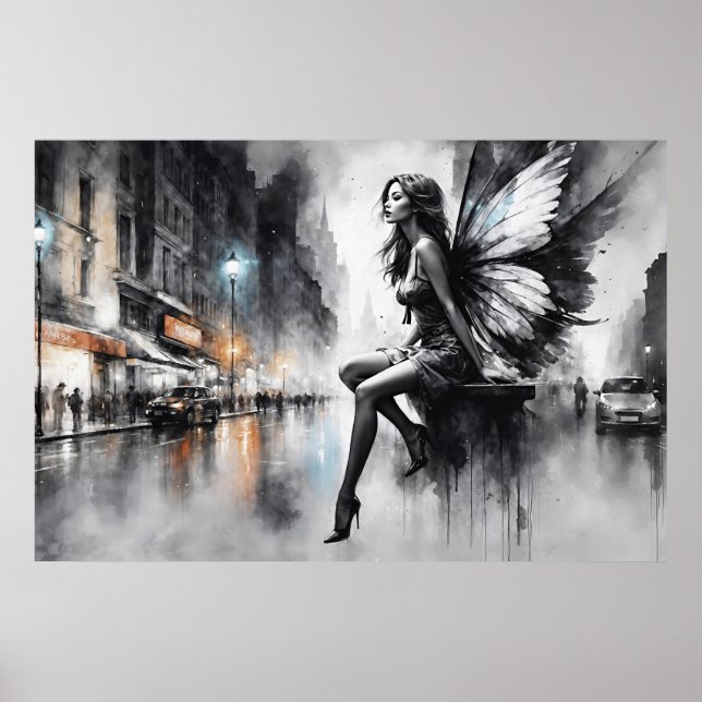 Mystische Flügelmädchen in Schwarz-Weiß-Stadt Poster (Vorne)