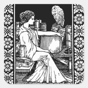 Mystische Frau mit Eule, Büchern und klassischer B Quadratischer Aufkleber