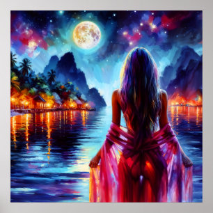 Mystische Frau unter Vollmond-Reflexionen Kunst Poster