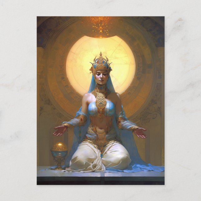 Mystische Frauen meditieren Blue Gold Fantasy Art Postkarte (Vorderseite)